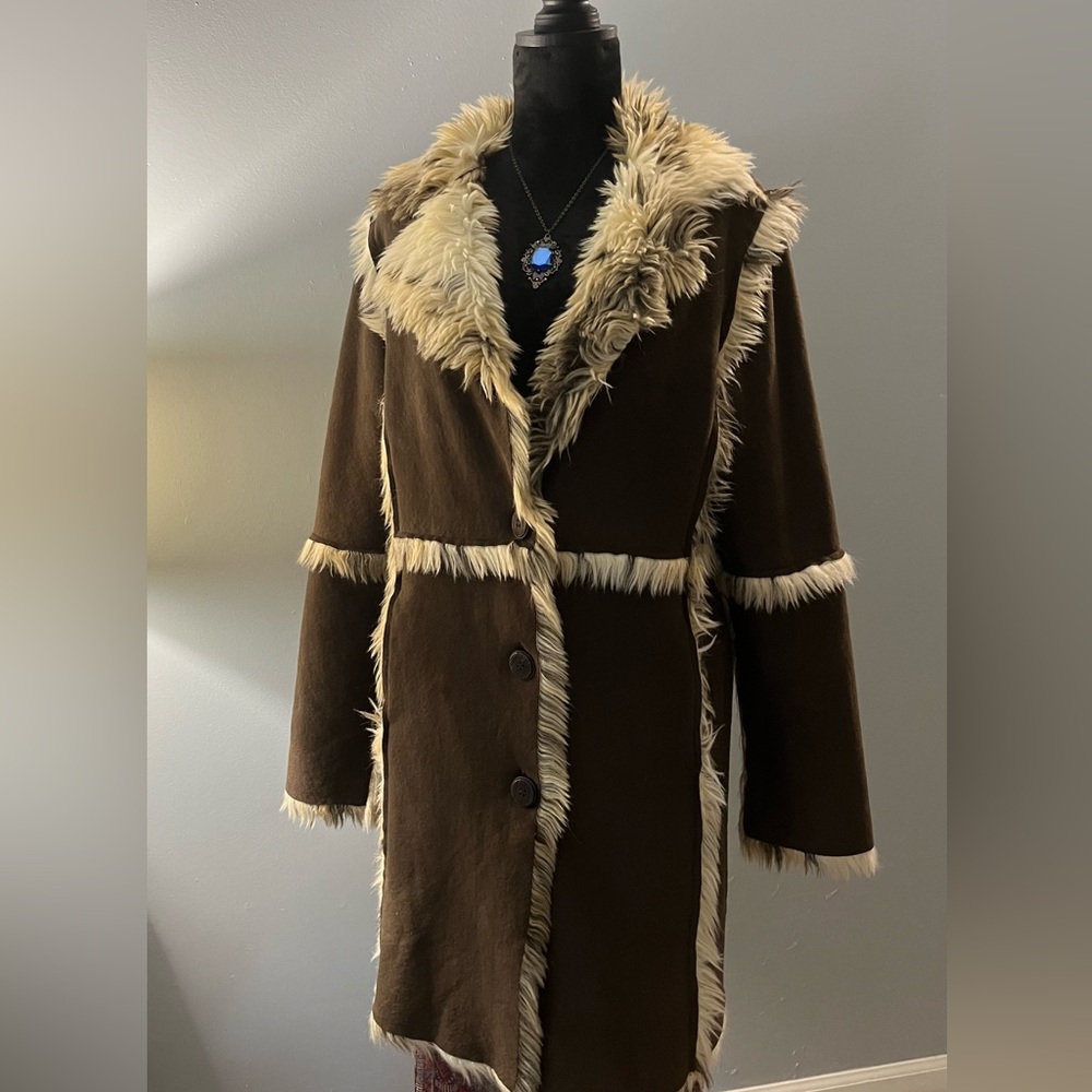 Vintage TRUE GRIT faux suede Elephant fur long coat 70’s boho penny lane style